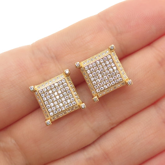 925 Sterling Silver Gold Plated Round-Cut C Z Square Stud Earrings
