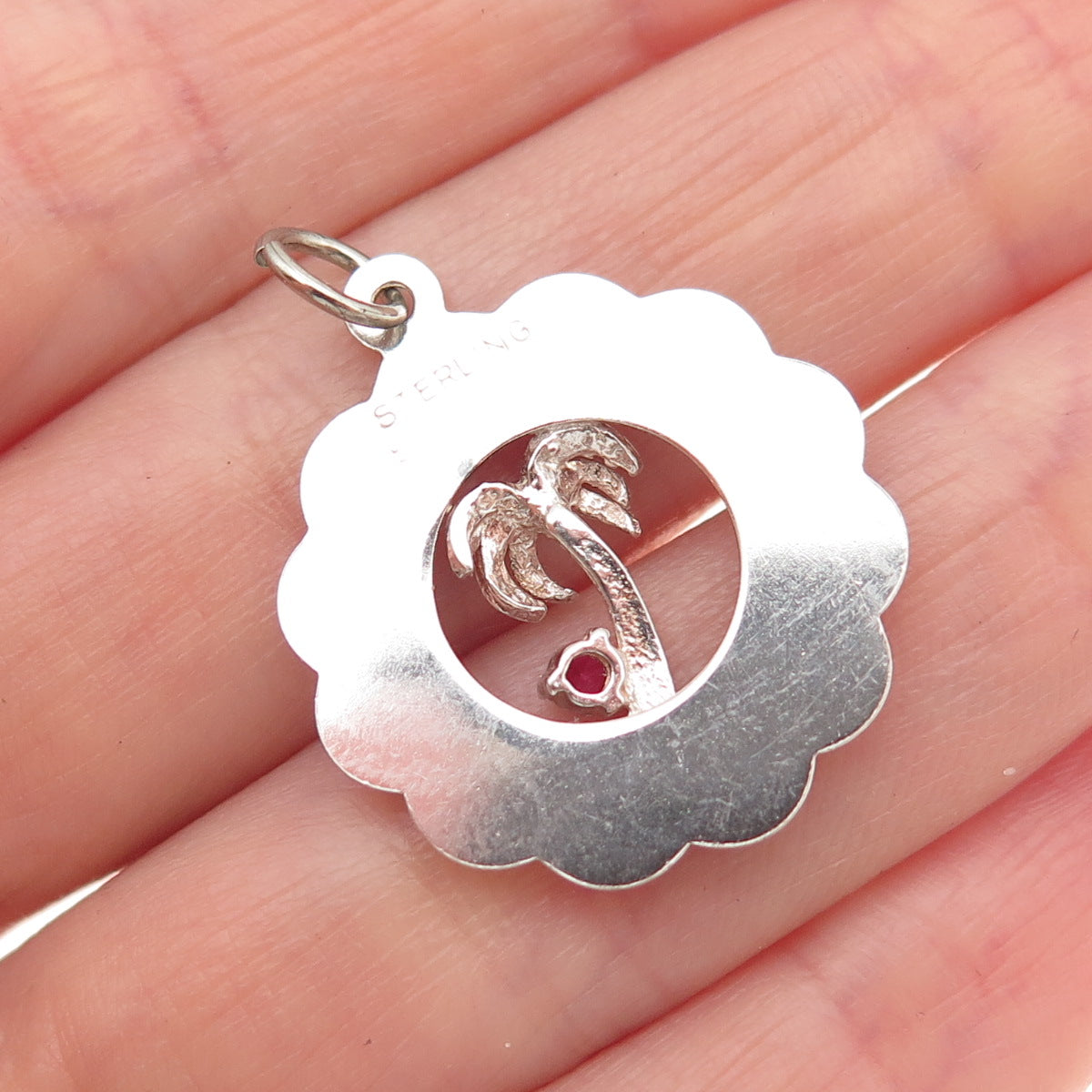 925 Sterling Silver Vintage Pink Rhinestone Bermuda Palm Tree Charm Pendant