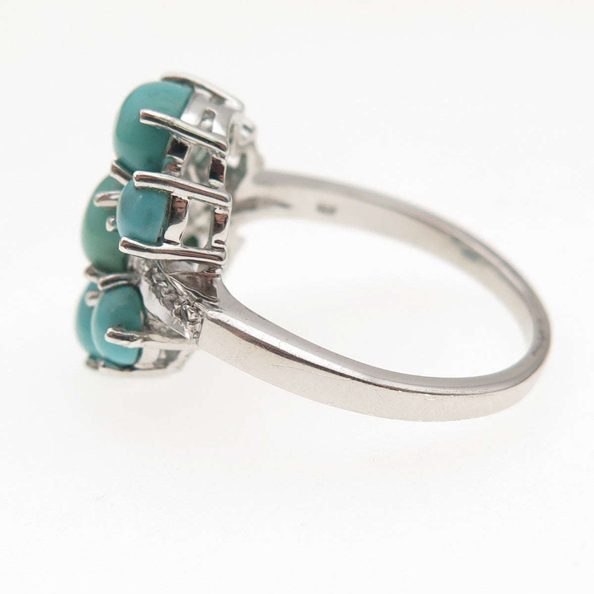 925 Sterling Silver Real Turquoise & White Topaz Floral Ring Size 8