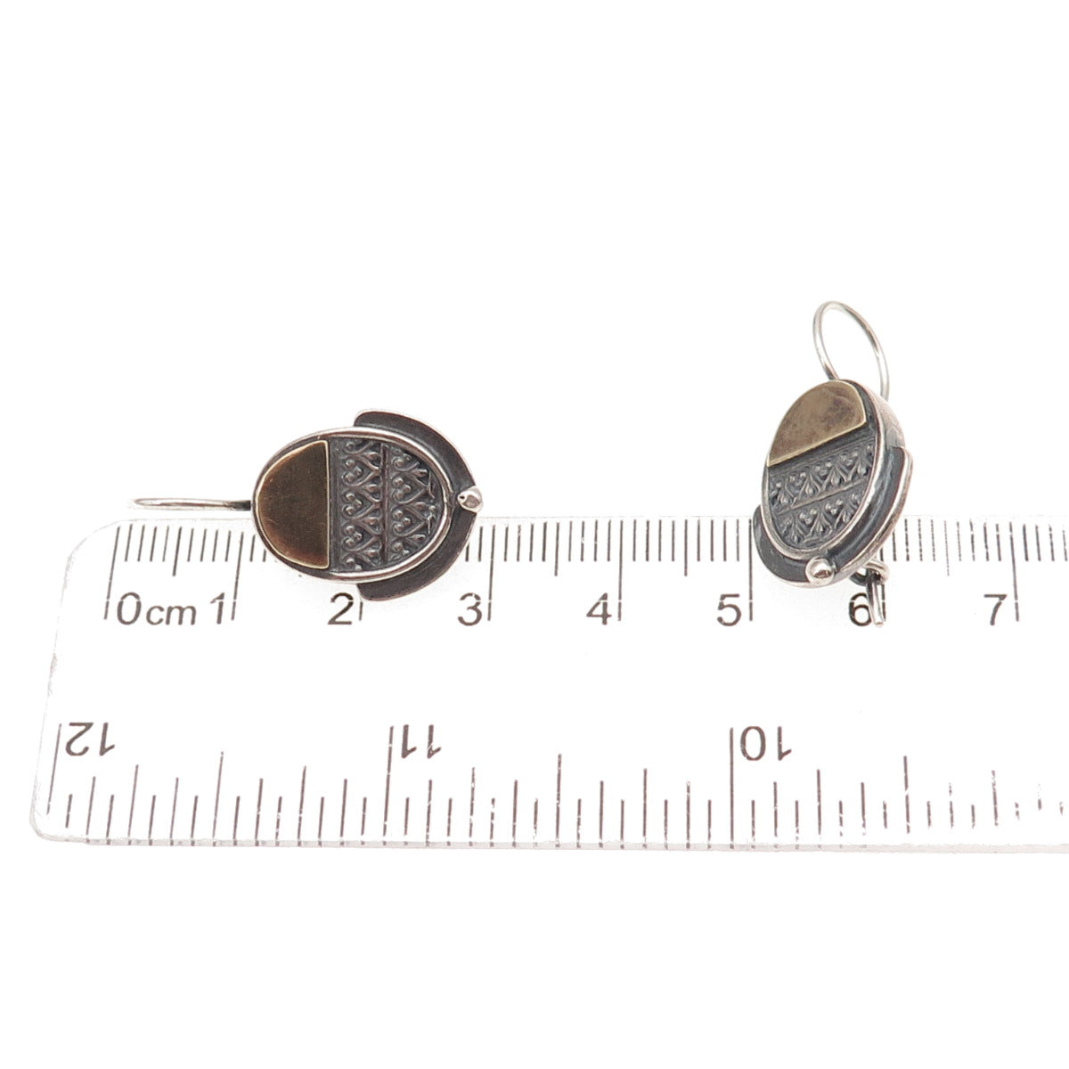 925 Sterling Silver 2-Tone Vintage Modernist Heart Ornate Oxidized Earrings