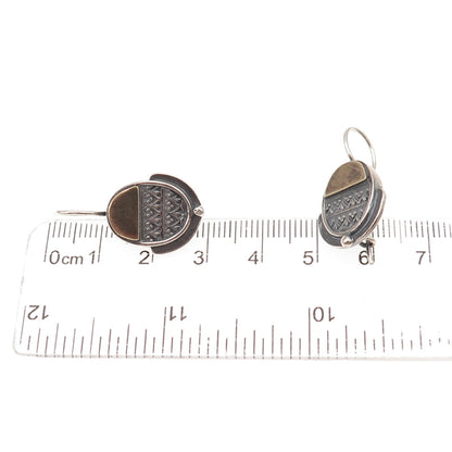 925 Sterling Silver 2-Tone Vintage Modernist Heart Ornate Oxidized Earrings