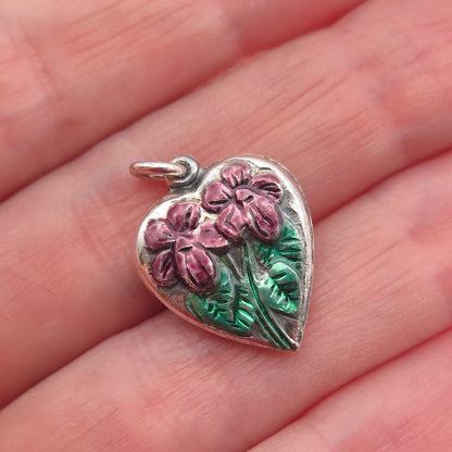 925 Sterling Silver Antique Art Deco Enamel Floral Chatelaine Heart Mini Pendant