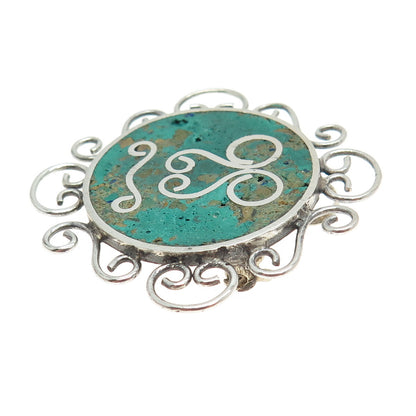 925 Sterling Silver Vintage Mexico Real Azurite Sun Face Ornate Pin Brooch