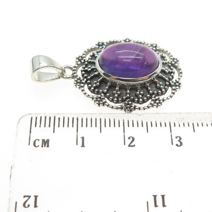 925 Sterling Silver Vintage Real Amethyst Floral Granulated Oxidized Pendant