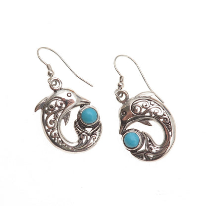 925 Sterling Silver Real Sleeping Beauty Turquoise Dolphin Dangle Earrings