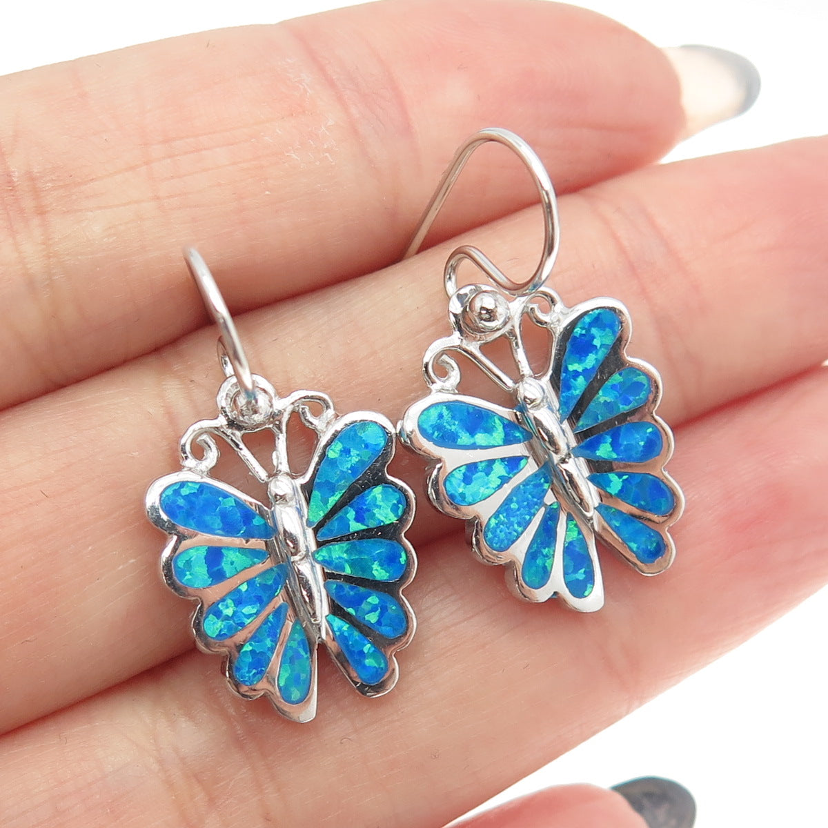 925 Sterling Silver Real Opal Butterfly Dangling Earrings