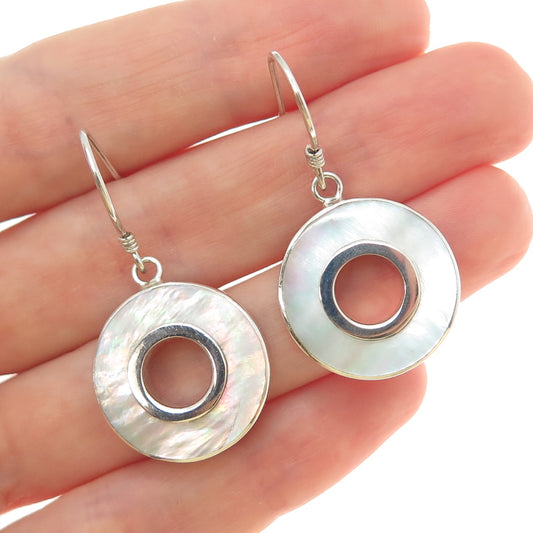 925 Sterling Silver Vintage Real Mother-of-Pearl Disc Dangle Earrings
