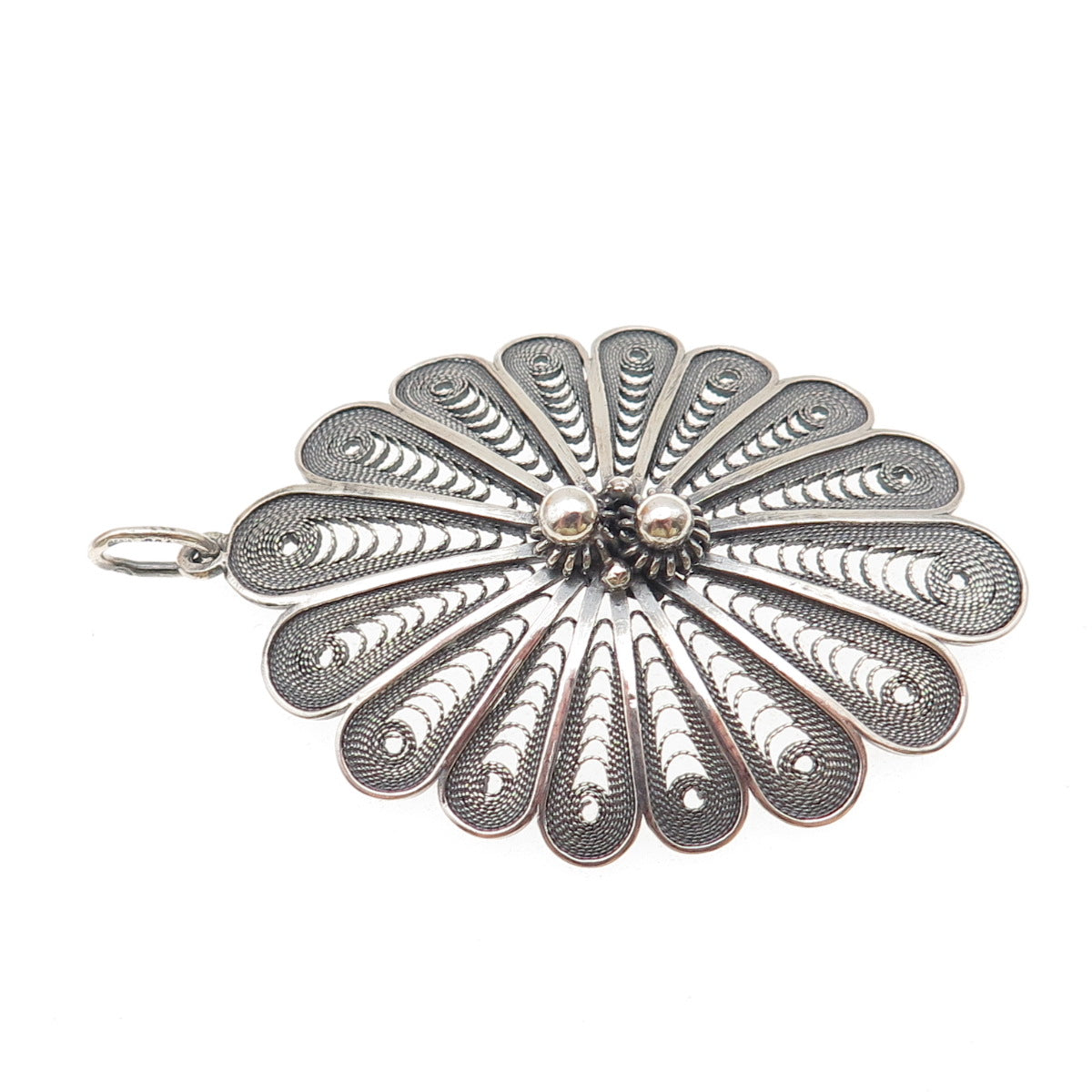 900 Silver Vintage European Cannetille Filigree Floral Oxidized Charm Pendant