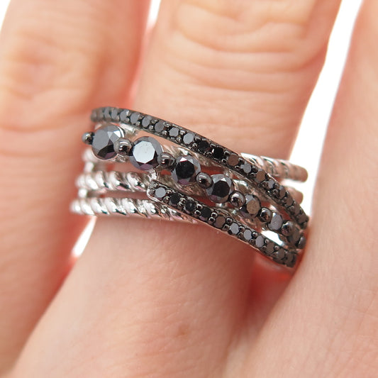 925 Sterling Silver Real Round-Cut Black Diamond Crisscross Ring Size 6.25