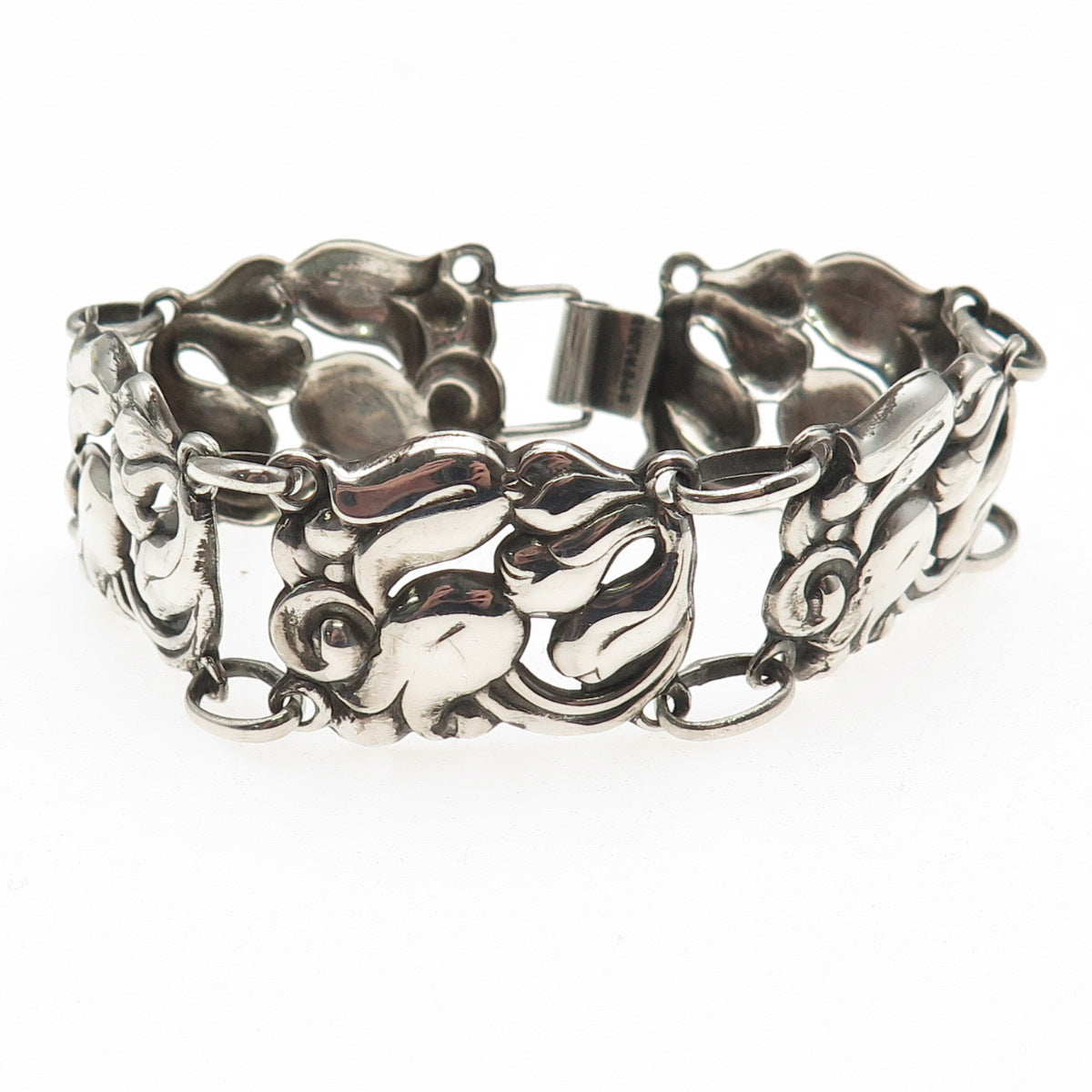 925 Sterling Silver Antique Art Deco Floral Oxidized Panel Link Bracelet 6.75"