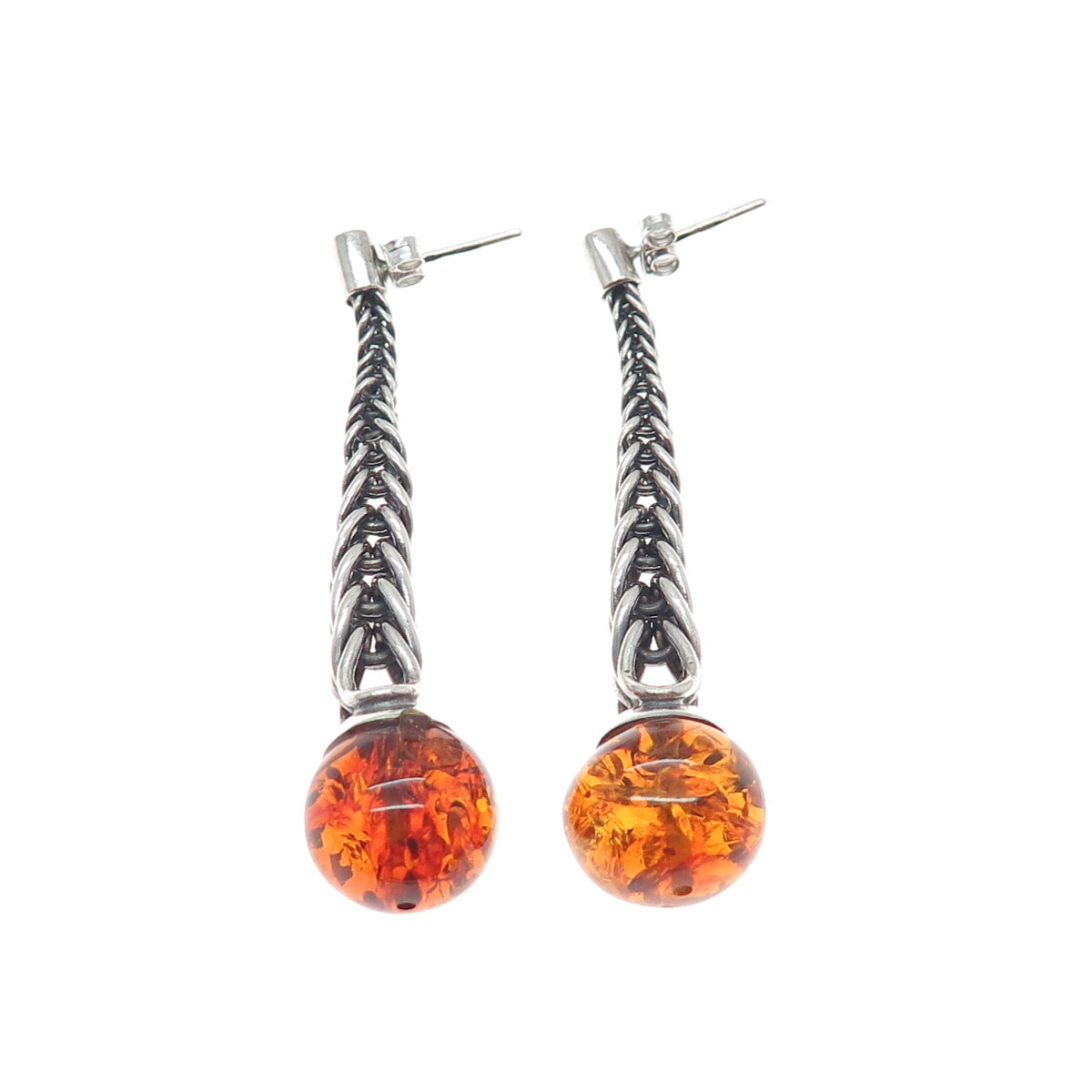 925 Sterling Silver Vintage Poland Real Amber Modernist Drop Dangle Earrings