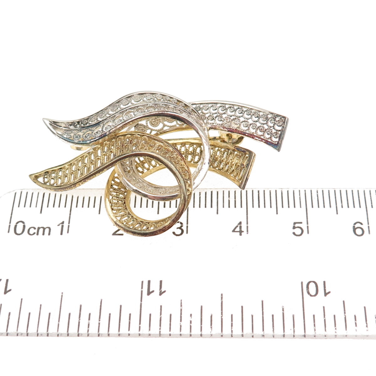 800 Silver 2-Tone Vintage Ribbon Filigree Pin Brooch