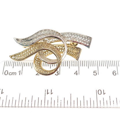 800 Silver 2-Tone Vintage Ribbon Filigree Pin Brooch