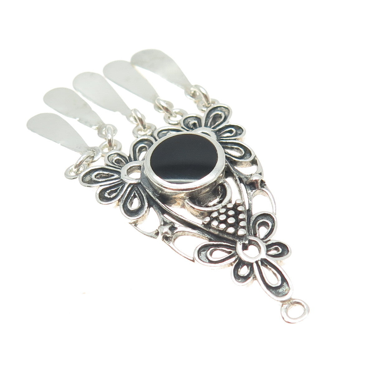 925 Sterling Silver Vintage Real Black Onyx Gemstone Floral Boho Pendant