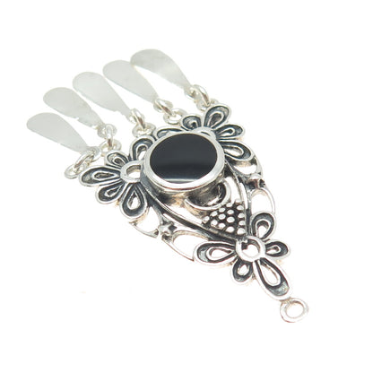 925 Sterling Silver Vintage Real Black Onyx Gemstone Floral Boho Pendant