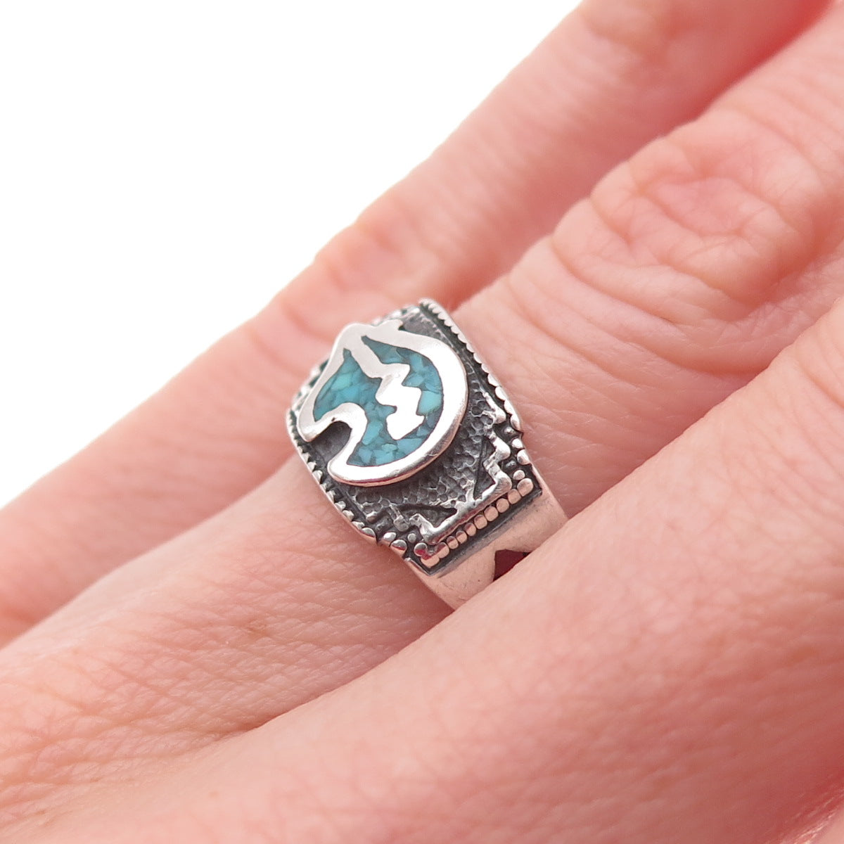 Shube Old Pawn 925 Sterling Vintage Turquoise Inlay Native Bear Ring Size 5.25