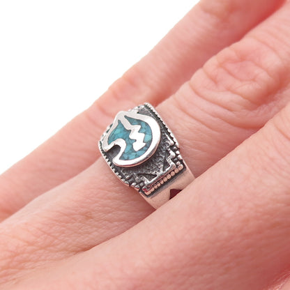 Shube Old Pawn 925 Sterling Vintage Turquoise Inlay Native Bear Ring Size 5.25