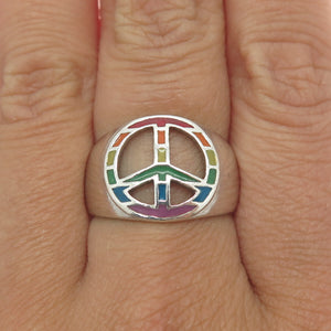 925 Sterling Silver Vintage Enamel Pride Flag Peace Symbol Ring Size 8.25