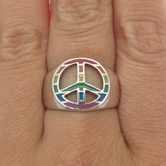 925 Sterling Silver Vintage Enamel Pride Flag Peace Symbol Ring Size 8.25