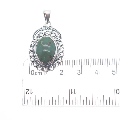 925 Sterling Silver Vintage Real Royston Turquoise Ornate Charm Pendant