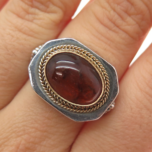 18K Gold 925 Sterling Silver Vintage Real Amber Modernist Woven Ring Size 6