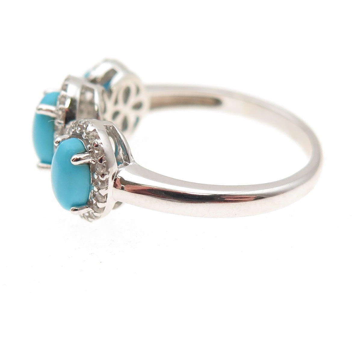 925 Sterling Silver Real Sleeping Beauty Turquoise & White Topaz Ring Size 8
