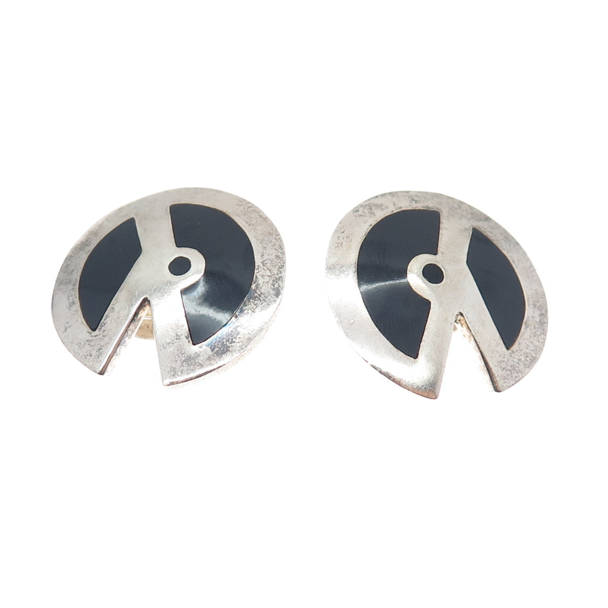 925 Sterling Silver Vintage Mexico Real Black Onyx Modernist Clip On Earrings