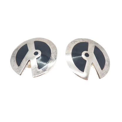 925 Sterling Silver Vintage Mexico Real Black Onyx Modernist Clip On Earrings