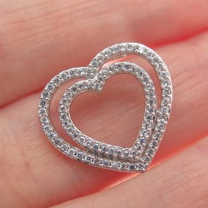 925 Sterling Silver Round-Cut C Z Double Heart Minimalist Charm Slide Pendant