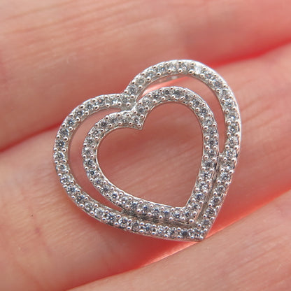 925 Sterling Silver Round-Cut C Z Double Heart Minimalist Charm Slide Pendant