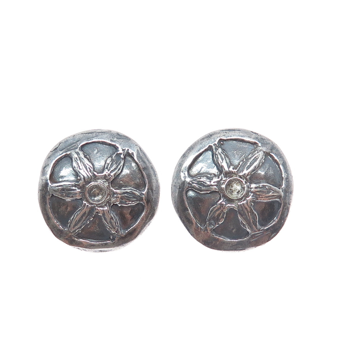 925 Sterling Silver Vintage Modernist Flower Disc Oxidized Earrings