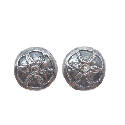 925 Sterling Silver Vintage Modernist Flower Disc Oxidized Earrings