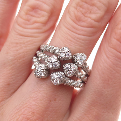 Judith Ripka 925 Sterling Silver C Z Heart 3-Row Adjustable Ring Size 7.75