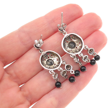 925 Sterling Silver Vintage Real Black Onyx Spiral Oxidized Dangle Earrings