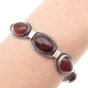 925 Sterling Silver Vintage Real Cabochon Amber Oxidized Bracelet 6.75"