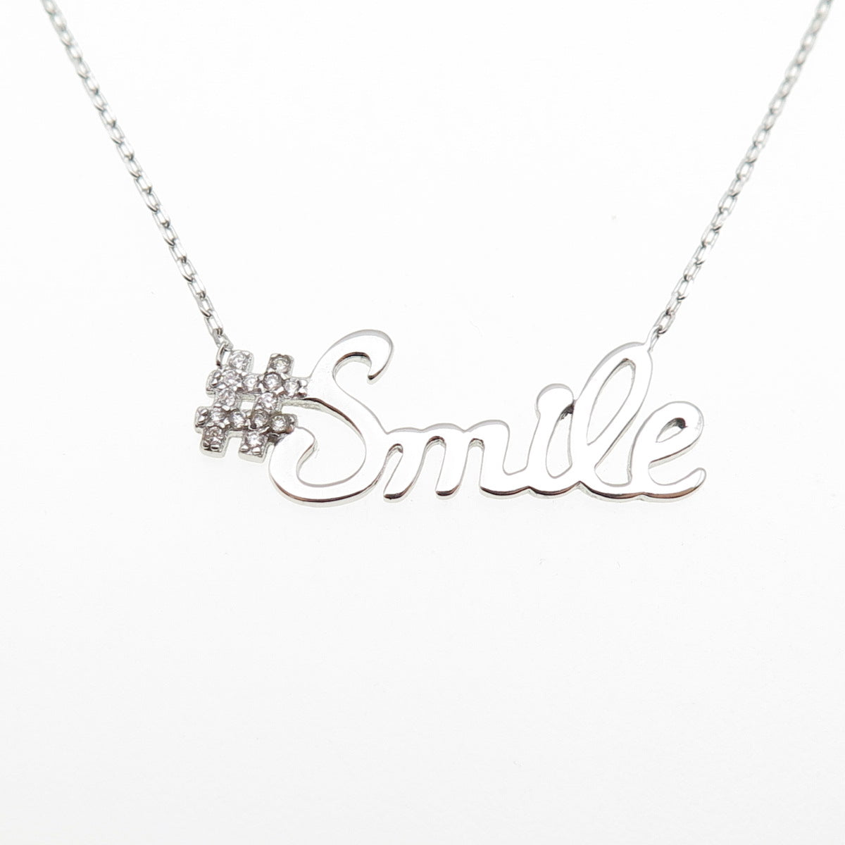 925 Sterling Silver Round-Cut C Z #Smile Cable Chain Necklace 16-18"