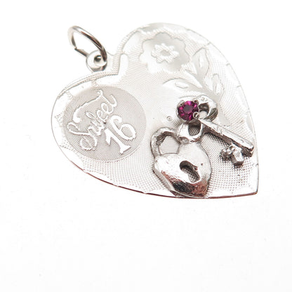 Crea 925 Sterling Silver Vintage Rhinestone Sweet 16 Heart Charm Pendant