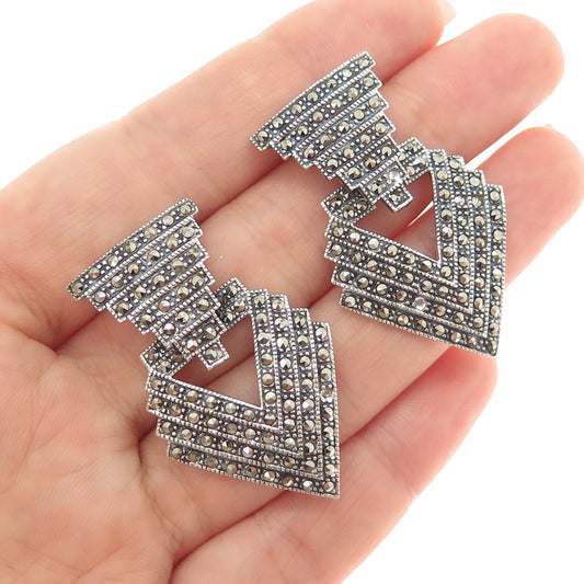 925 Sterling Silver Vintage Real Marcasite Modernist Earrings (missing 3 stones)
