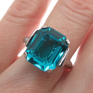 925 Sterling Silver Antique Art Deco Emerald-Cut Blue Glass Ring Size 7