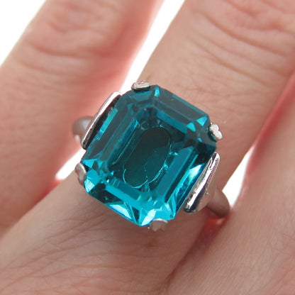 925 Sterling Silver Antique Art Deco Emerald-Cut Blue Glass Ring Size 7