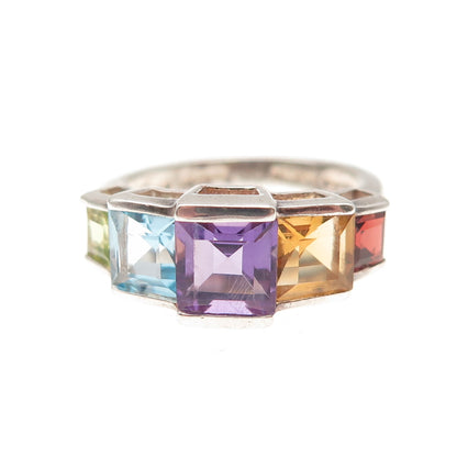 925 Sterling Vintage Real Amethyst Blue Topaz Peridot Citrine Garnet Ring Size 6