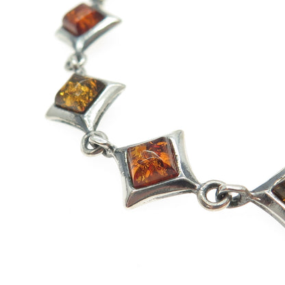 925 Sterling Silver Vintage Real Amber Geometric Link Bracelet 7.5"