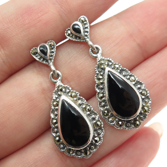 925 Sterling Silver Vintage Real Black Onyx & Marcasite Art Deco Style Earrings