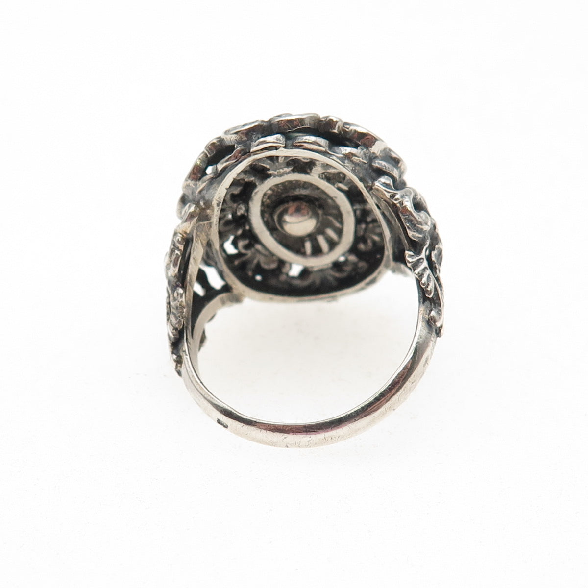 835 Silver Antique Art Deco Austria Real Red Garnet Floral Oxidized Ring Size 7