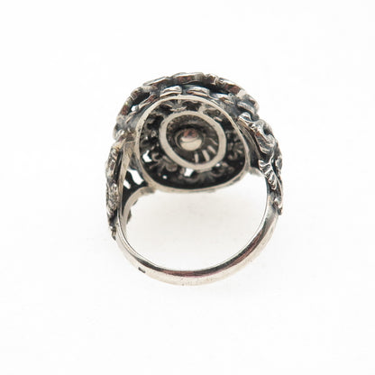 835 Silver Antique Art Deco Austria Real Red Garnet Floral Oxidized Ring Size 7