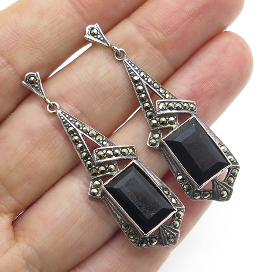 925 Sterling Silver Vintage Black Onyx Marcasite Art Deco Style Dangle Earrings