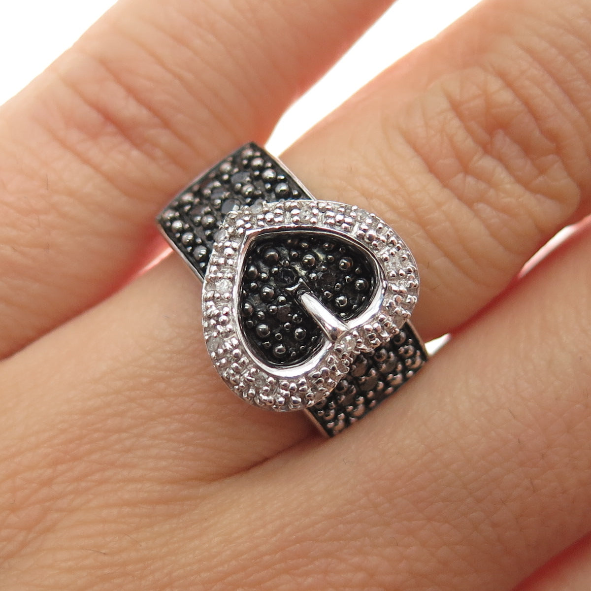 J. STELLA 925 Sterling Silver Real Black & White Diamond Buckle Ring Size 6.25