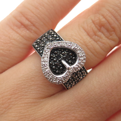 J. STELLA 925 Sterling Silver Real Black & White Diamond Buckle Ring Size 6.25
