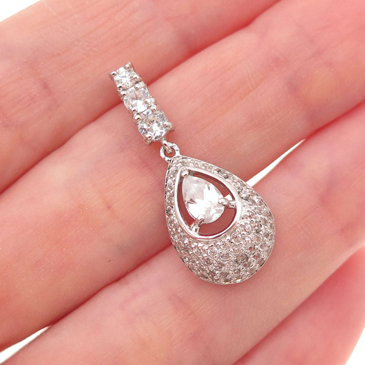 925 Sterling Silver Real White Topaz Teardrop Charm Pendant