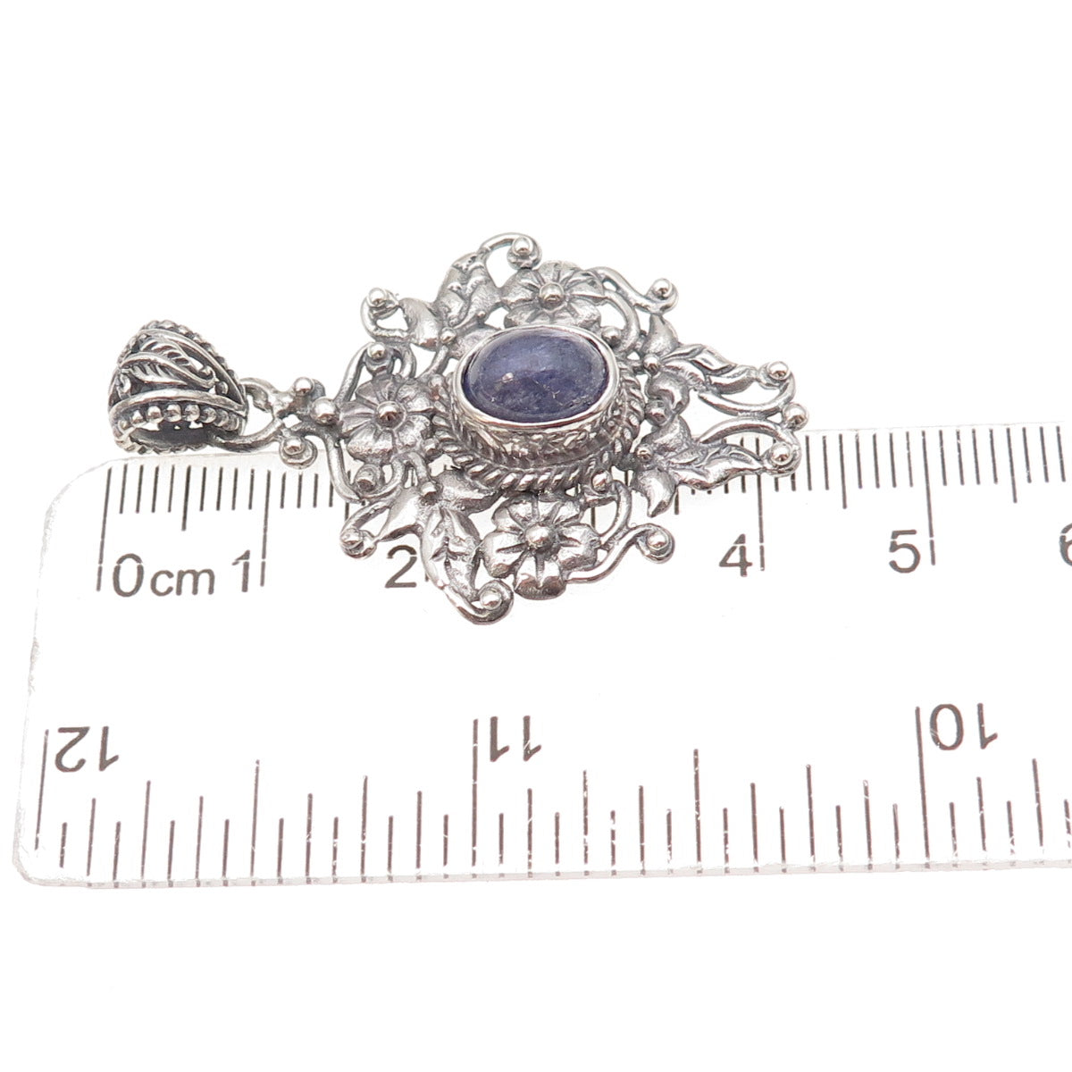 925 Sterling Silver Vintage Real Tanzanite Floral Oxidized Charm Pendant